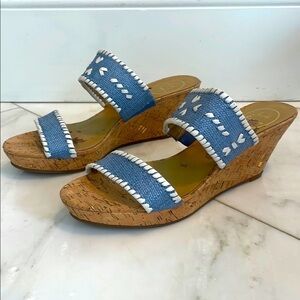 Jack Rogers, blue & white canvas straps, 3” cork wedge, womens 9.5 summer sandal